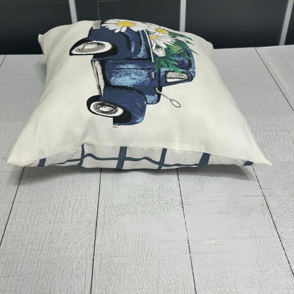 White Pillow with Blue Vintage Truck and Daisies - Picture 3 of 12